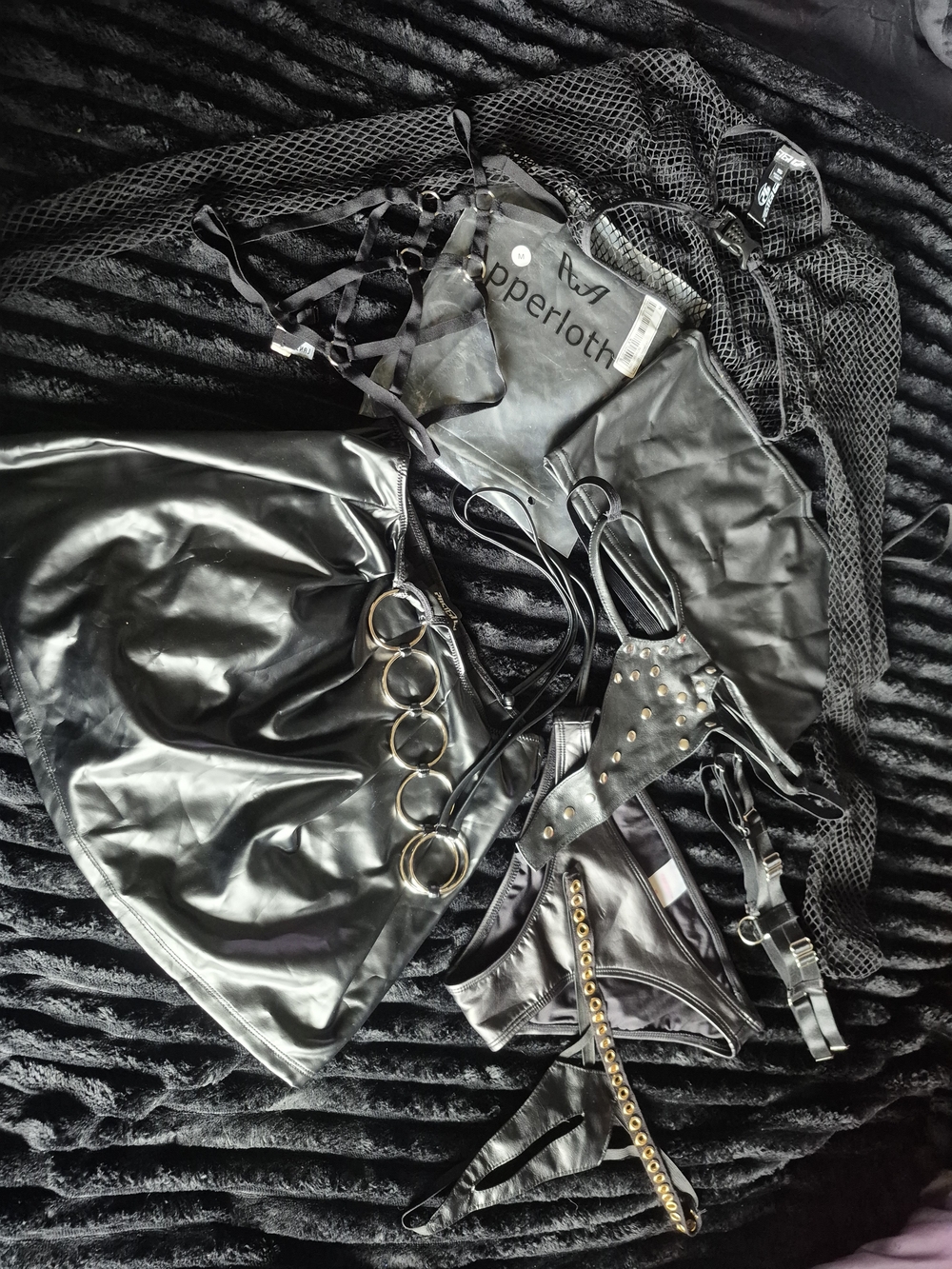 POSTER GIRL BUNDLE Several Faux-Leather Tops & Bottoms W Gold & Silver Detail